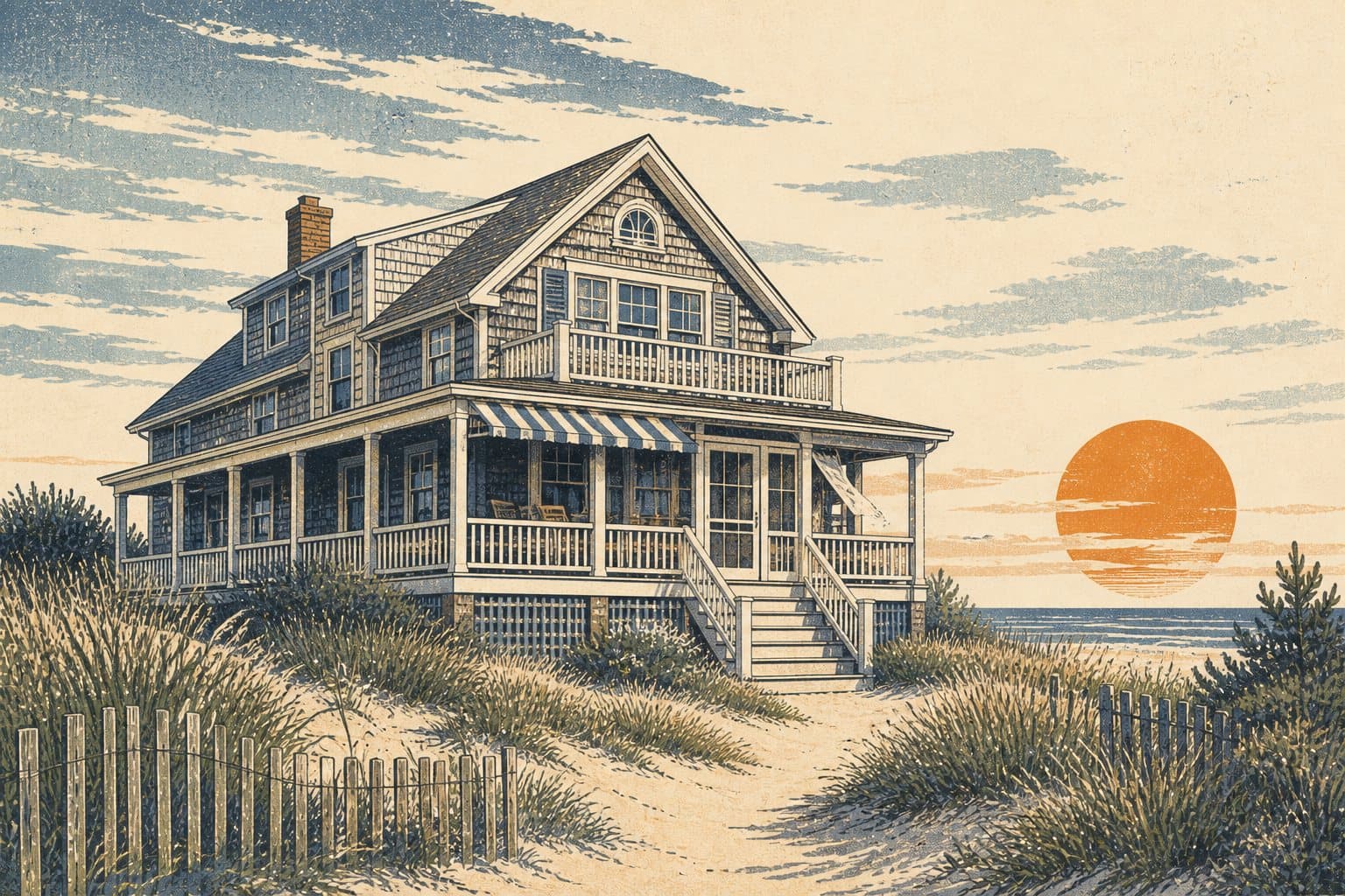 Illustrated sample Jersey Shore house used in a fictional property website mockup.
